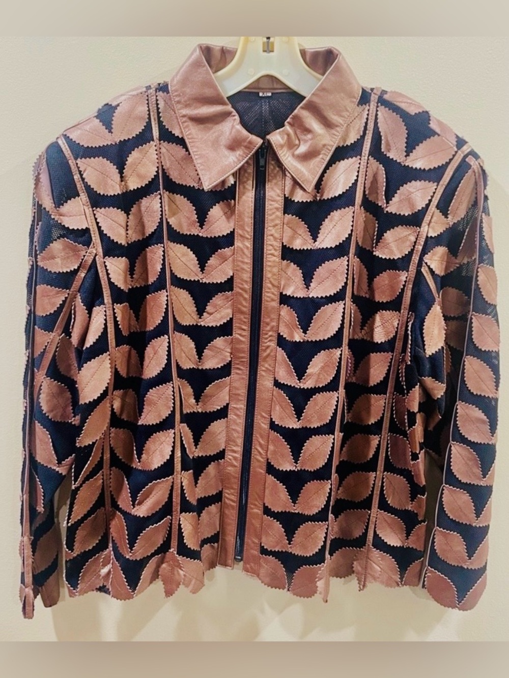 Womens Brown & Black Patterned Leather-Trim Jacket XL